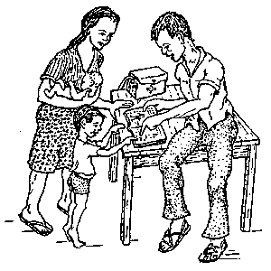The primary health worker lives and works at the level of the people. His first job is to share his knowledge. (Illustration from the forthcoming English edition of Where There is No Doctor by David Werner)
