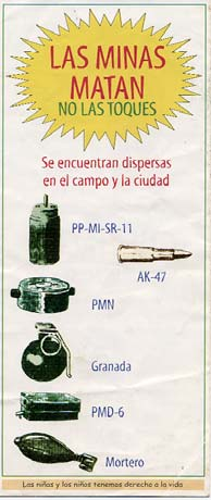 De un volante advirtiendo a los niños: Las minas matan. ¡NO TOQUE!