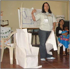 Al tercer día, cada grupo presentó sus planes al plenario. Este grupo incluso hizo una maqueta de papel del asiento especial que planeaban hacer.