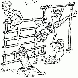 Greeting card featuring disabled children playing on a rough hewn wood playground.