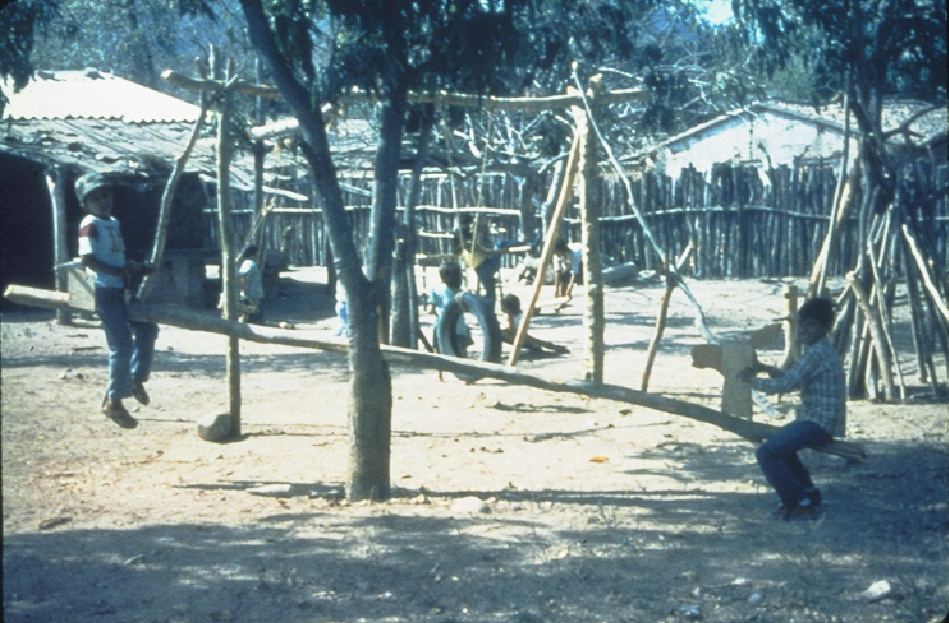 A ‘see-saw’ in the crotch of a mango tree has a ‘donkey’ at one end. The other end has an enclosed seat for a disabled child. Behind this an able-bodied child can sit and help support the disabled child.