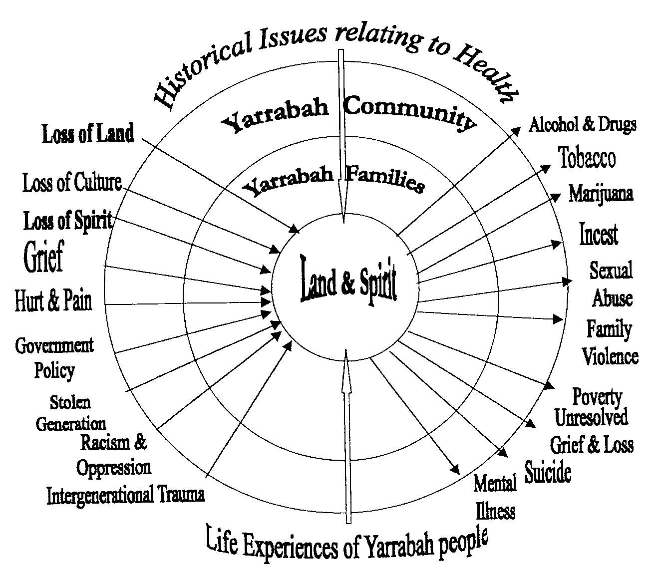 Diagram of the current health problems and their underlying causes, as identified by the Yarrabah people in northern Queensland, for whom Land and Spirit mean health.