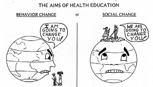 1.In education that focuses on behavior and attitude change, people are acted upon by the system and the world that surrounds them. 2. In education that works for social change, people act upon the system and the world that surrounds them.