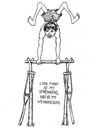 As a boy Marcelo developed great strength in his arms to compensate for his paralyzed legs. This drawing, which became a symbol and slogan for PROJIMO, was based on his ability to do a handstand like this on a bar.