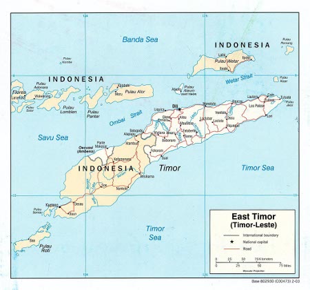 1 East Timor map—cap: Timor-Leste is the eastern part of an island in an Indonesian archipelago.