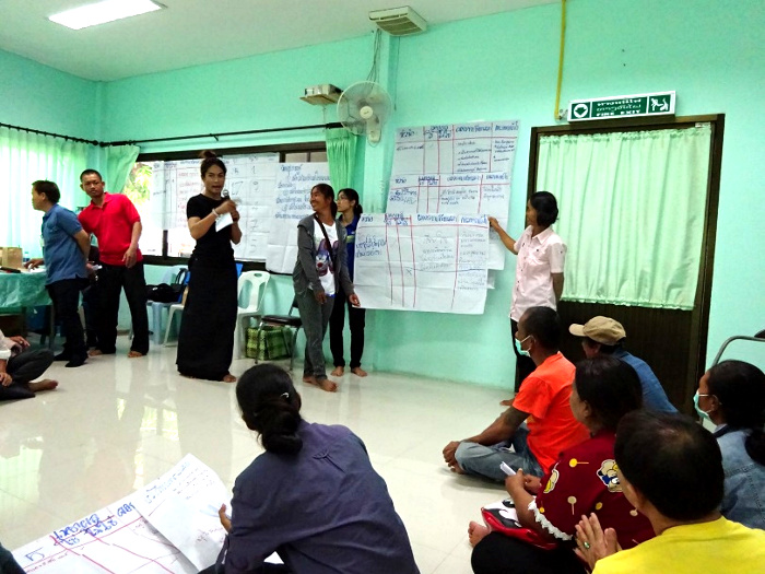 Cherry helps facilitate a session on building self-esteem. Her boyfriend (on left, red shirt) assists).